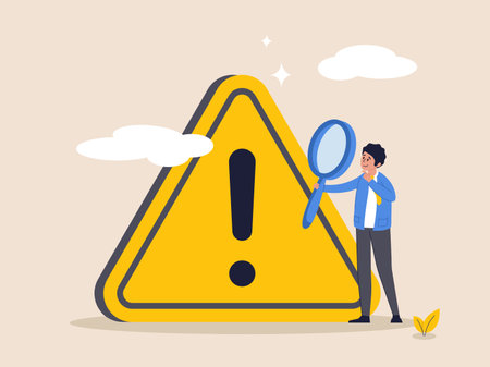 Critical failure concept. Incident management, root cause analysis or solving problem, identify risk, businessman with magnifier monitor and investigate incident with exclamation attention sign.のイラスト素材