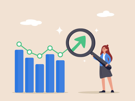 Trend analysis concept. Marketing and sales information, analyze or predict trend line or profit, business forecast report, businesswoman analyst analyze trend graph and chart with magnifying glass.のイラスト素材