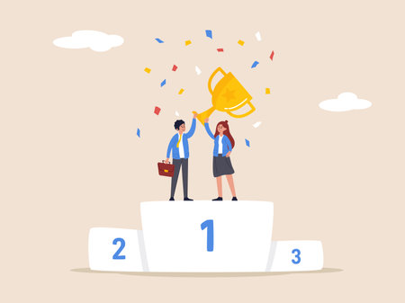 Team victory concept. Team success win together, teamwork or collaboration to achieve goal together, group winner, businessman and businesswoman colleagues hold winning trophy on first place podium.のイラスト素材