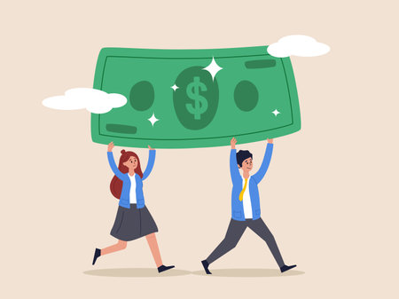Economic and inflation concept. People carry money dollar banknote metaphor of capital, salary or income, wages to pay and purchase value, banking and investment, tax.のイラスト素材