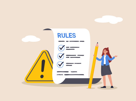 Rules and regulations concept. Policy and guideline for employee to follow, legal term, corporate compliance or laws, standard procedure, businesswoman finish writing rules and regulations document.のイラスト素材