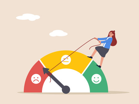 Quality control or improvement concept. Performance rating or customer feedback, credit score or satisfaction measurement, strong businesswoman pull the string to make rating gauge to be excellent.のイラスト素材