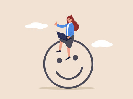 Work happiness concept. Job satisfaction, passion or enjoyment working with company, employee wellbeing, happy businesswoman working with computer on smiling face.のイラスト素材