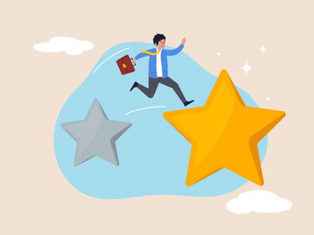 Improvement and adaptation to new normal concept. Business transformation, change management or transition to better innovative company, smart businessman jump from old to new shiny star idea.のイラスト素材