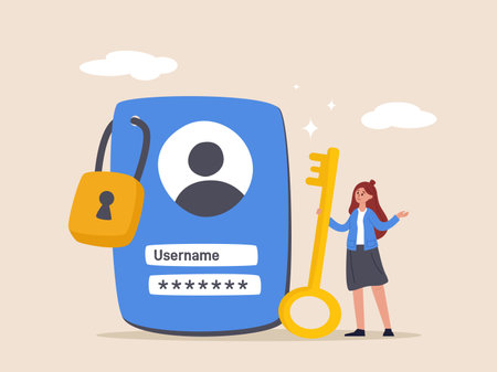 Online authentication concept. Strong password for cyber security, high protection and safety for login account, secure data privacy, businesswoman hold key with user account lock with strong lock padのイラスト素材
