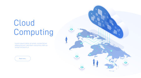 Cloud computing isometric concept. From the cloud in world map. Web cloud technology business. Internet data services. World cloud computing concept. 3d vector isometric illustration.のイラスト素材