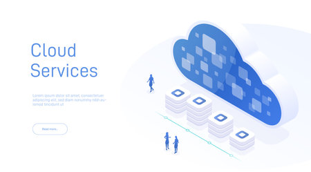 Cloud data storage 3d illustration. Concept cloud storage, data transfer. Data center, concept of cloud storage. Online Computing Storage 3D isometric. Online computing technology.のイラスト素材