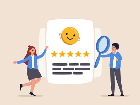 Customer trust concept. Reputation management team monitor online feedback rating to improve brand positive rank and gain, marketing team monitor and analyze stars rating to increase satisfaction.のイラスト素材