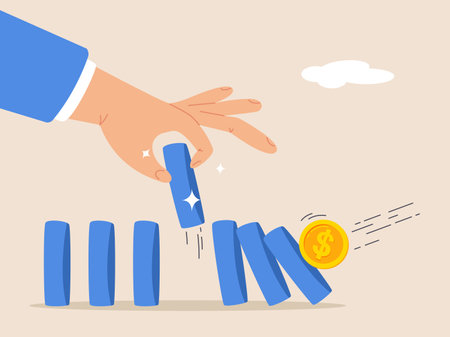 Stop loss concept. Effort to avoid market crash or banking collapse, economic recession, problem prevention, help or rescue, businessman hand stop domino effect or financial chain reaction collapse.のイラスト素材