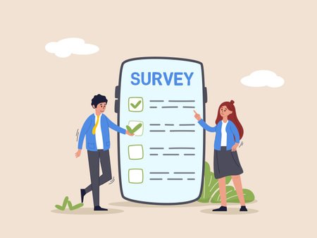 Online survey questionnaire concept. Poll, opinion or customer feedback using internet concept, man and woman using mobile or smartphone to fill in online survey checklist.のイラスト素材