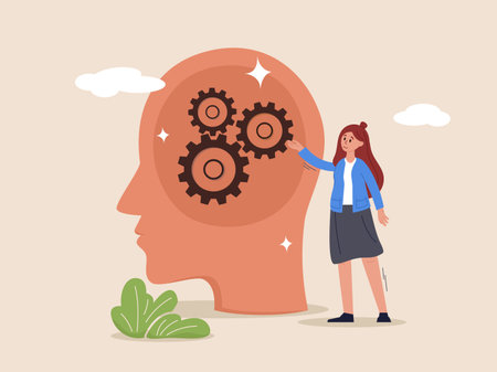 Business initiative concept. Mindset improvement. Businesswoman installing gears in human head. Modern flat vector illustration.のイラスト素材