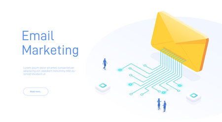 Isometric Email services concept. Data analysis, checking email. Computer monitor 3d isometric design. Technology in isometric design. Vector illustration.のイラスト素材