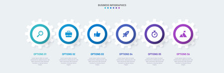 Timeline infographic with infochart. Modern presentation template with 6 spets for business process. Website template on white background for concept modern design. Horizontal layout.のイラスト素材