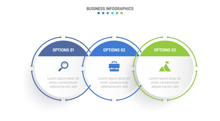 Timeline infographic with infochart. Modern presentation template with 3 spets for business process. Website template on white background for concept modern design. Horizontal layout.のイラスト素材