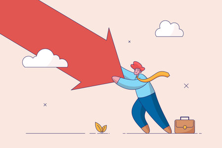 Crisis or recession concept. Survive investment crash, pushing back or effort to win business challenge, economic recession. Man pushing falling down arrow with full effort.のイラスト素材
