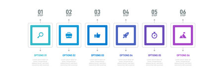 Timeline infographic with infochart. Modern presentation template with 6 spets for business process. Website template on white background for concept modern design. Horizontal layout.のイラスト素材