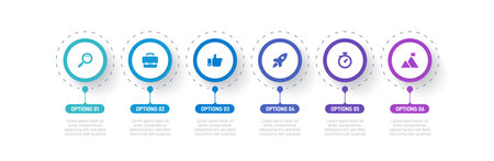 Timeline infographic with infochart. Modern presentation template with 6 spets for business process. Website template on white background for concept modern design. Horizontal layout.のイラスト素材