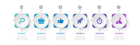 Timeline infographic with infochart. Modern presentation template with 6 spets for business process. Website template on white background for concept modern design. Horizontal layout.のイラスト素材