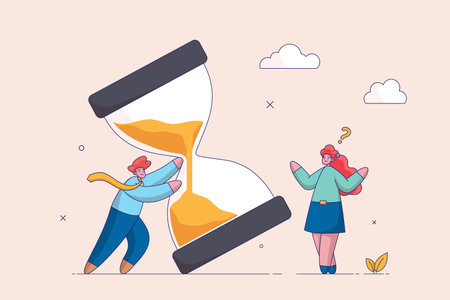 Time management concept. Nervous entrepreneur trying to stop hourglass or sandglass before it fall. Project deadline, running out of time. Flat vector illustration.のイラスト素材