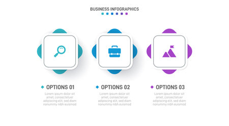 Timeline infographic with infochart. Modern presentation template with 3 spets for business process. Website template on white background for concept modern design. Horizontal layout.のイラスト素材