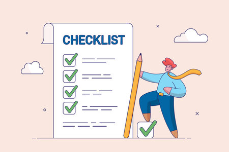 Achievement concept. Checklist for work completion, review plan, business strategy or todo list for responsibility, confident businessman standing with pencil after completed all tasks checklist.のイラスト素材