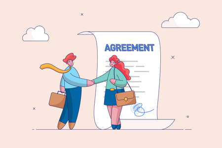 Agreement or collaboration document. Business deal, contract or success negotiation, executive handshaking concept, businessman partner people shaking hand after signing business agreement document.のイラスト素材