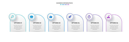 Timeline infographic with infochart. Modern presentation template with 6 spets for business process. Website template on white background for concept modern design. Horizontal layout.のイラスト素材