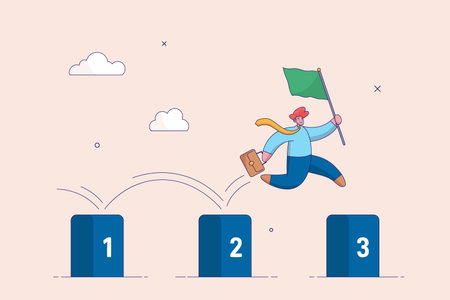 Business success concept. Journey or execution to achieve. Project milestone to progress toward business goal, skillful businessman holding success flag jumping on milestones reaching target.のイラスト素材