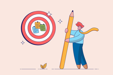 Goal setting concept. Achievable target or purposeful objective, mission to accomplish or challenge to win for business success, businessman write down goal on notes and put on big dartboard target.のイラスト素材