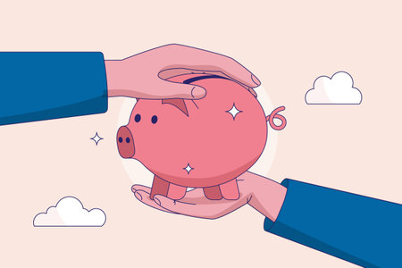 Financial risk assurance. Tax or wealth management concept, protect money from inflation or economic crisis, insurance, strong businessman hand shielding protect piggy bank saving money boxのイラスト素材