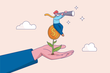 Growing wealth concept. Investment or saving growth, financial and banking forecast, earning profit or grow income or mutual fund return, man look through telescope on plant with money coin flower.のイラスト素材