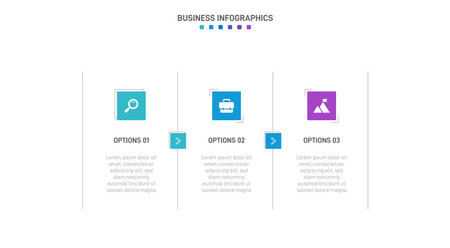 Timeline infographic with infochart. Modern presentation template with 3 spets for business process. Website template on white background for concept modern design. Horizontal layout.のイラスト素材