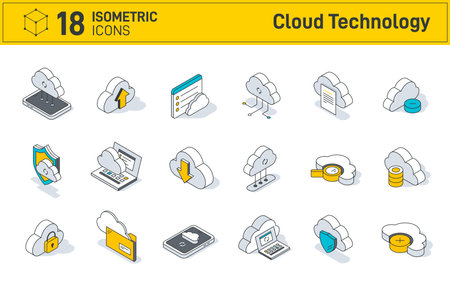 Set of isometric cloud technology icons isolated on white background. Computing, Computer cloud and Cloud Hosting. Contains such Icons as Data Sync, Transfer, Cloud Settings and more.のイラスト素材