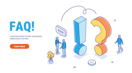 FAQ vector isometric concept. People characters standing near exclamations and question marks. Woman and man ask questions and receive answers. Online support center. frequently asked questions.のイラスト素材