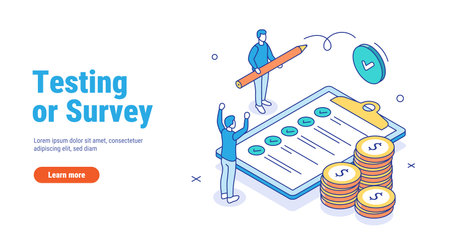 Tax return concept. Characters preparing documents for tax calculation, making income tax return and calculating business invoices. Taxation concept. Outline Isometric vector illustration.のイラスト素材