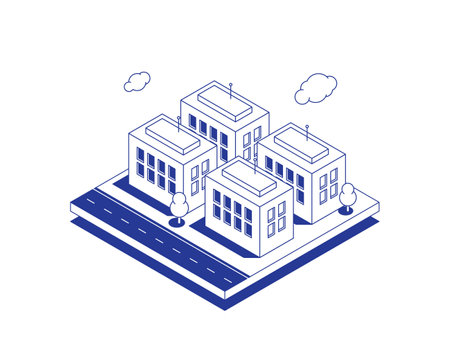 Isometric neighborhood with identical houses. Typical development of a neighborhood or suburb. Map of a neighborhood with linear houses for a website or application.のイラスト素材