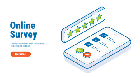 Online survey isometric vector concept. Putting check mark on checklist on smartphone. Survey from filling. Business organization and planning concept. Flat isometric Illustration.のイラスト素材