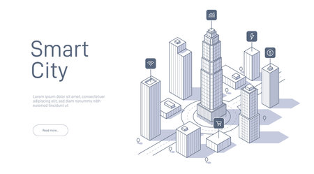 Smart city concept with contour style skyscrapers and homes, topped with tech icons representing connected urban life. Vector isometric illustration on web page.のイラスト素材