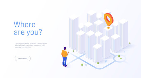 Location tracking concept isometric vector illustration. Choosing shortest road. Isometric illustration with man getting direction to point in city with mobile phone.のイラスト素材