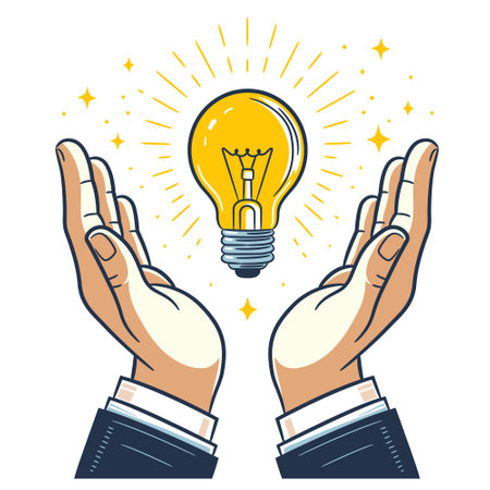 Hand drawn vector illustration in a charming doodle style, depicting a whimsical light bulb glowing above open palms, representing the spark of a new idea, creativity, and inspiration.のイラスト素材