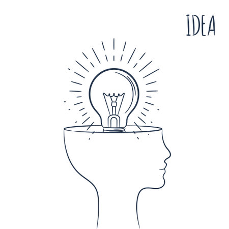Illustration of mental health concept of human silhouette comparing brain thinking to burning bulb for ideas and smart response against white backdrop. Idea, innovation, and creative thinking.のイラスト素材