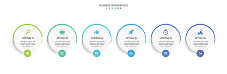 Horizontal progress bar featuring 6 arrow-shaped elements, symbolizing the six stages of business strategy and progression. Clean timeline infographic design template. Vector for presentationのイラスト素材