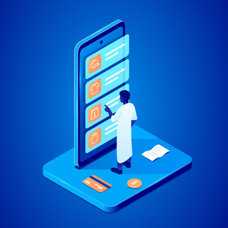 Isometric illustration depicting an Arab man standing next to large mobile phone displaying the interface of an online clothing store catalog. E-commerce, fashion, technology, and cultural diversity.のイラスト素材