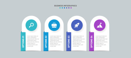 Horizontal progress bar featuring 4 arrow-shaped elements, symbolizing the four stages of business strategy and progression. Clean timeline infographic design template. Vector for presentationのイラスト素材