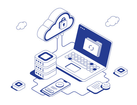Secure cloud authentication system with laptop login, mobile verification and locked cloud service connected by data flows in isometric line contour vector illustration.のイラスト素材