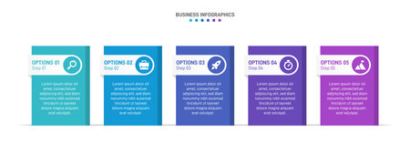 Horizontal progress bar featuring 5 arrow-shaped elements, symbolizing the five stages of business strategy and progression. Clean timeline infographic design template. Vector for presentationのイラスト素材