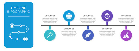 Progress bar featuring 5 arrow-shaped elements, symbolizing the five stages of business strategy and progression. Clean timeline infographic design template. Vector for mobile presentation.のイラスト素材