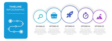 Progress bar featuring 5 arrow-shaped elements, symbolizing the five stages of business strategy and progression. Clean timeline infographic design template. Vector for mobile presentation.のイラスト素材