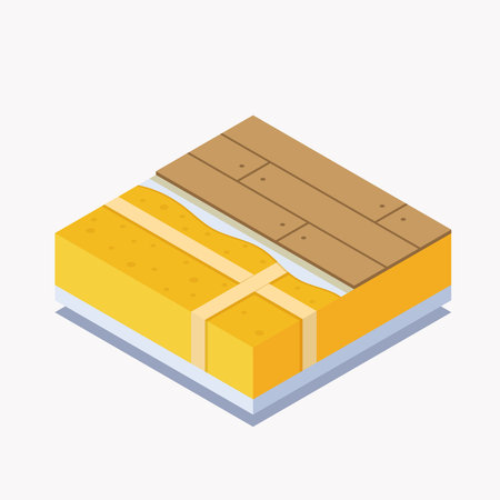 Isometric floor insulation cross-section icon. Vector illustration of wooden floorboards over yellow thermal foam layers. Building construction detail for energy efficiency concepts.のイラスト素材