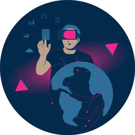 A man wearing virtual reality glasses in the metaverse